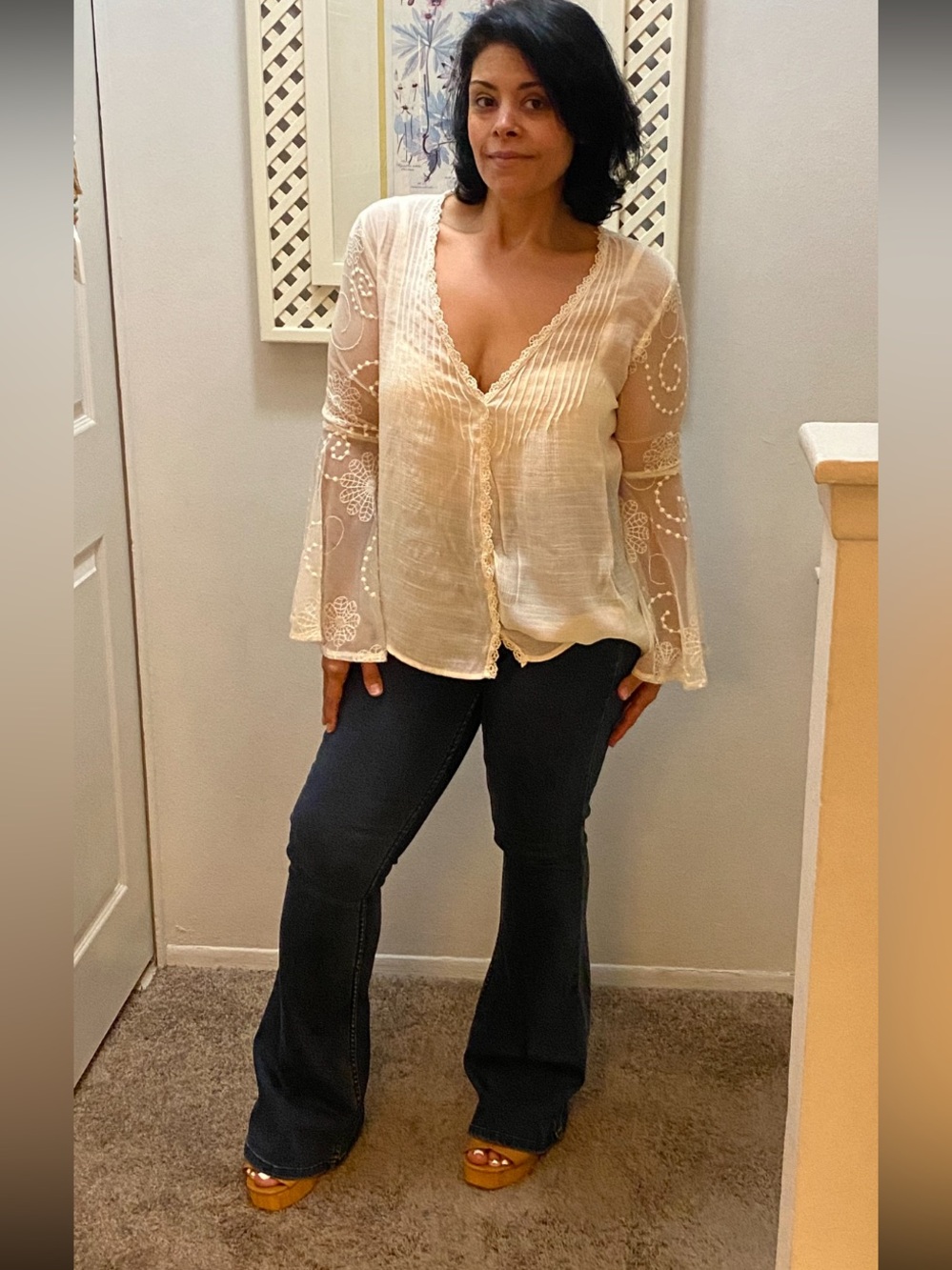Lovestitch Cream Sheer Lace-Trim V-Neck Blouse  w/Bell Sleeves Oversized Small